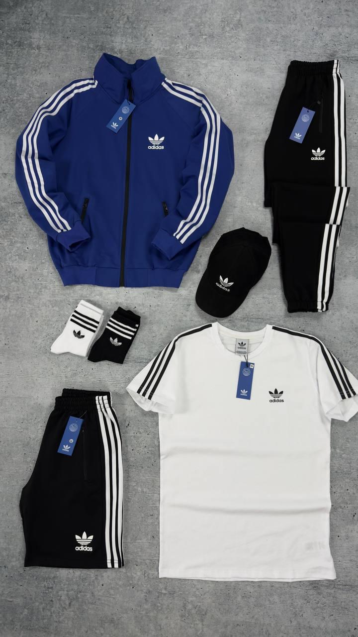 Чоловічий костюм Adidas 5в1 Кофта на змійці + Штани + Шорти + Футболка + Кепка + Шкарпетки синій Адідас весняний