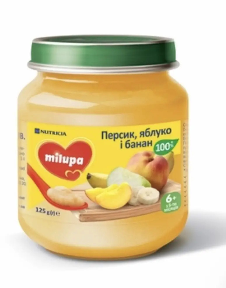 Пюре фруктове Milupa Яблуко, банан і персик з 6 місяців, 125г. (Мілупа), фото 1