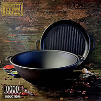 Казан чавунний wok 12 л з кришкою-сковородою гриль для плову та юшки на відкритому вогні з плоским дном Maysternya