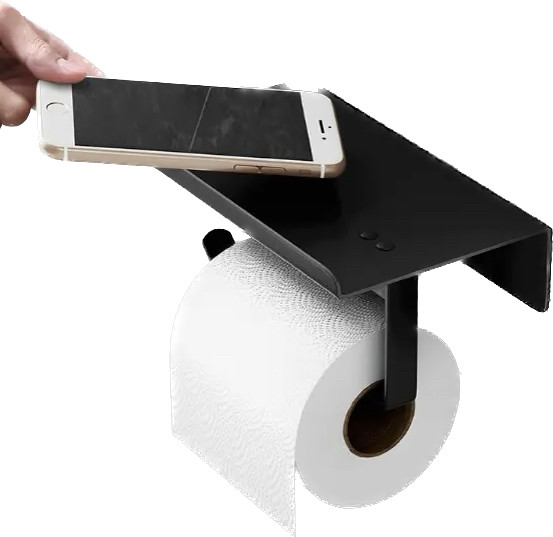 Тримач для туалетного паперу з поличкою для ґаджетів настінний без свердління Нержавіюча сталь чорна, фото 1