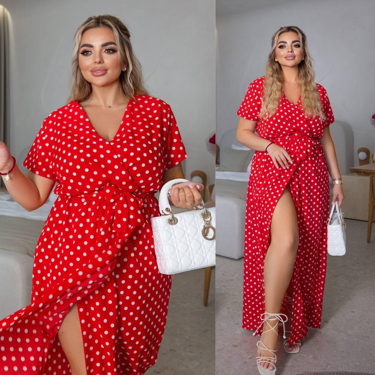 Жіноче ошатне базове максі довге плаття на запах з поясом з розрізом софт горошок короткі рукави, фото 1