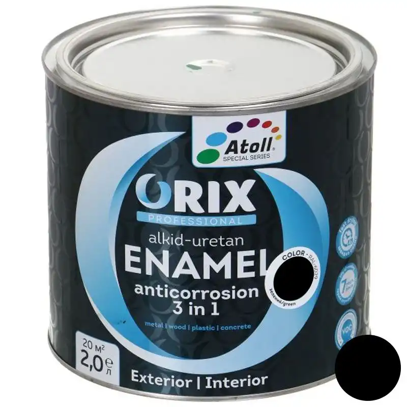 Емаль антикорозійна Atoll Orix Color 3 в 1 чорна 2л