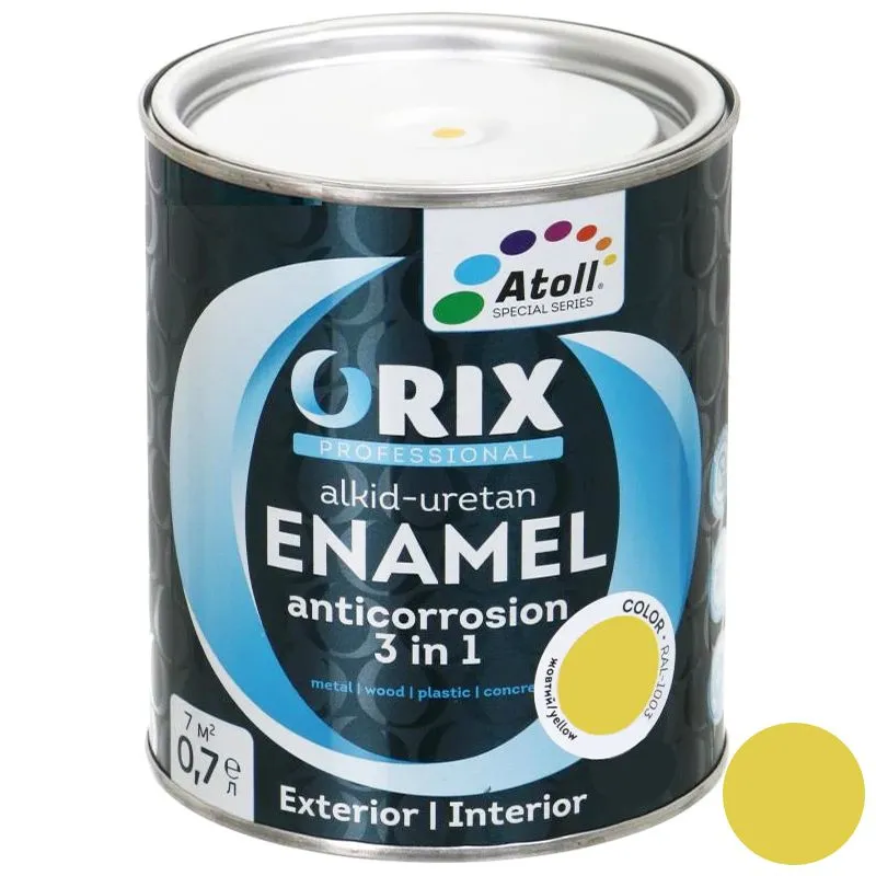 Емаль антикорозійна Atoll Orix Color 3 в 1 жовта 0.7л