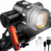 Велосипедна фара + задній ліхтар Trizand LED CREE XM-L 1200 мАч Bicycle lamp USB + rear light (23681)