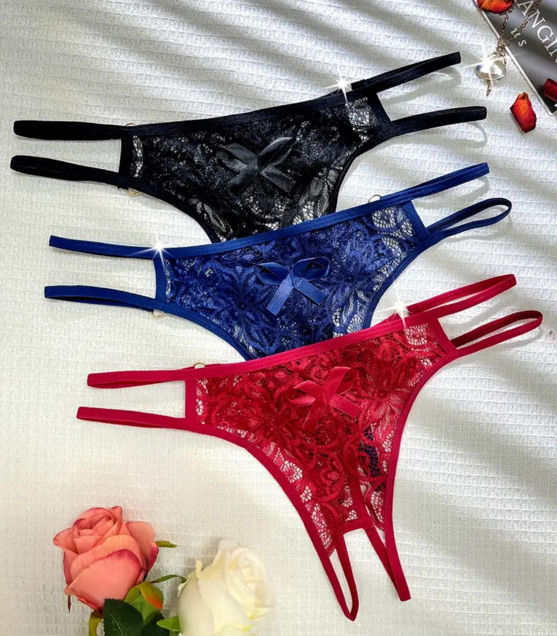 Комплект трусиків із доступом на S/M (чорний, бордо, синій), фото 1