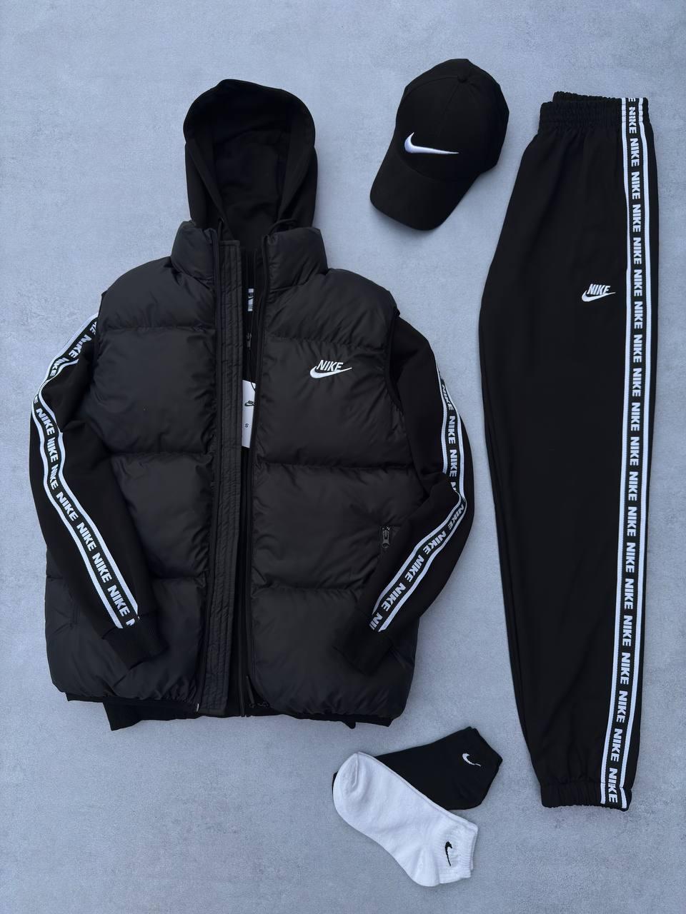 Чоловічий спортивний костюм Nike + Жилетка + Кепка + Шкарпетки чорний з лампасами Найк весняний осінній