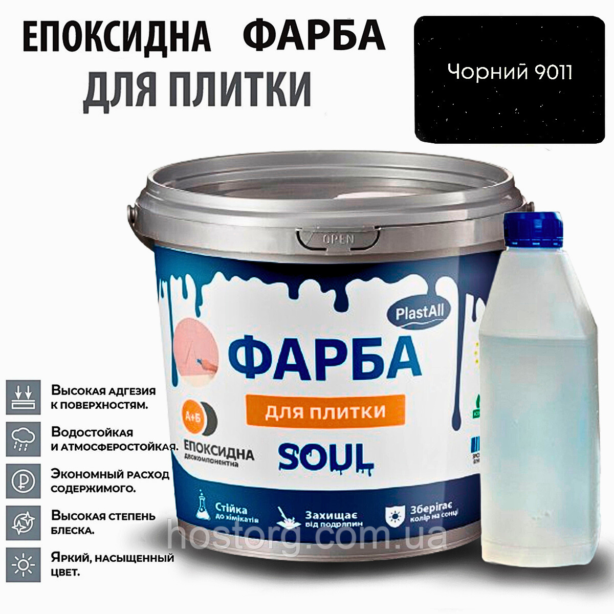 Епоксидна глянцева фарба для реставрації плиткових поверхонь 1 кг Plastall™ (Чорний колір)