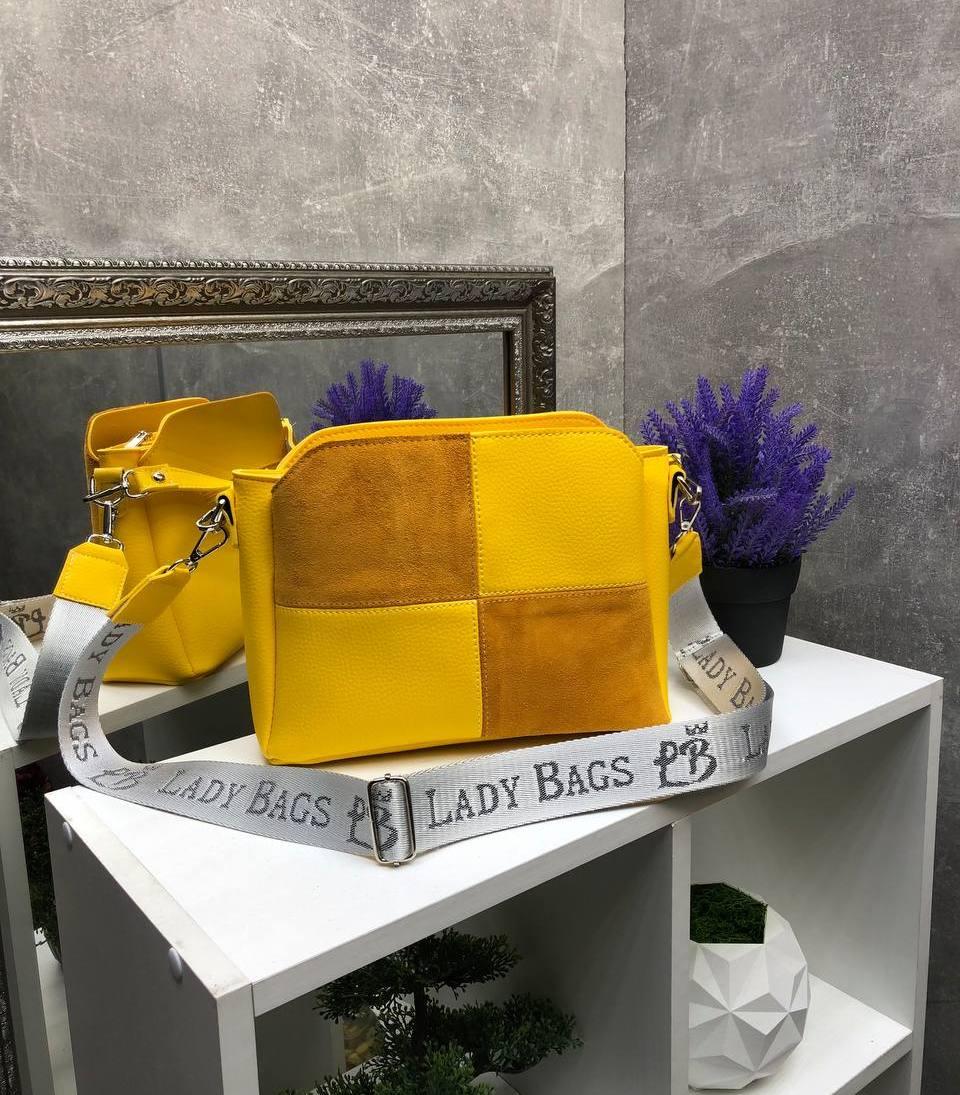 Жіноча сумка середня жовта яскрава натуральна замша+шкірзам, фото 1