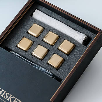Золотисті сталеві кубики для віскі Whiskey Stones в дерев'яній коробці (6 шт.)