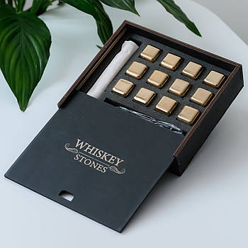 Золотисті кубики для віскі Whiskey Stones в дерев'яній коробці (12 шт.)