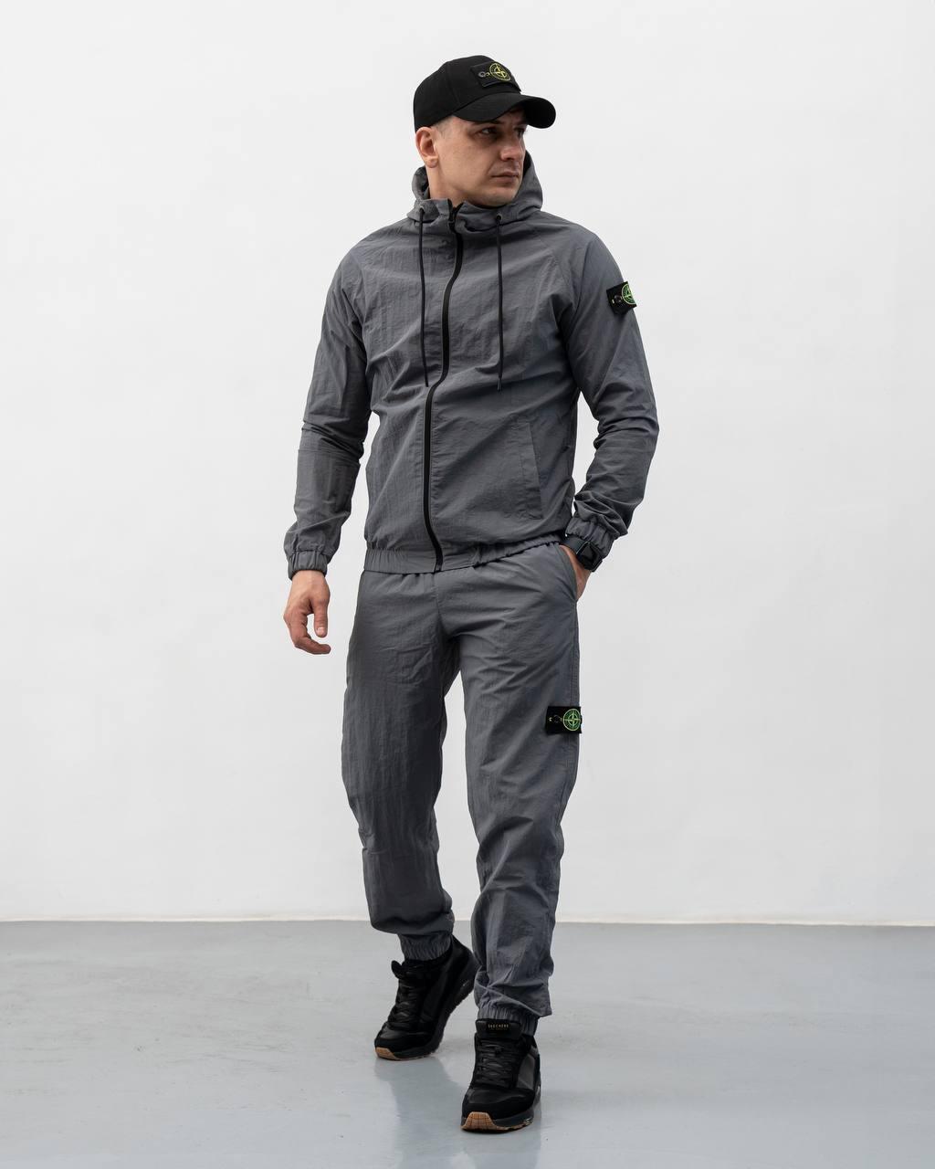 Чоловічий спортивний костюм Stone Island сірий з плащівки Стон Айленд Вітровка + Штани весняний осінній