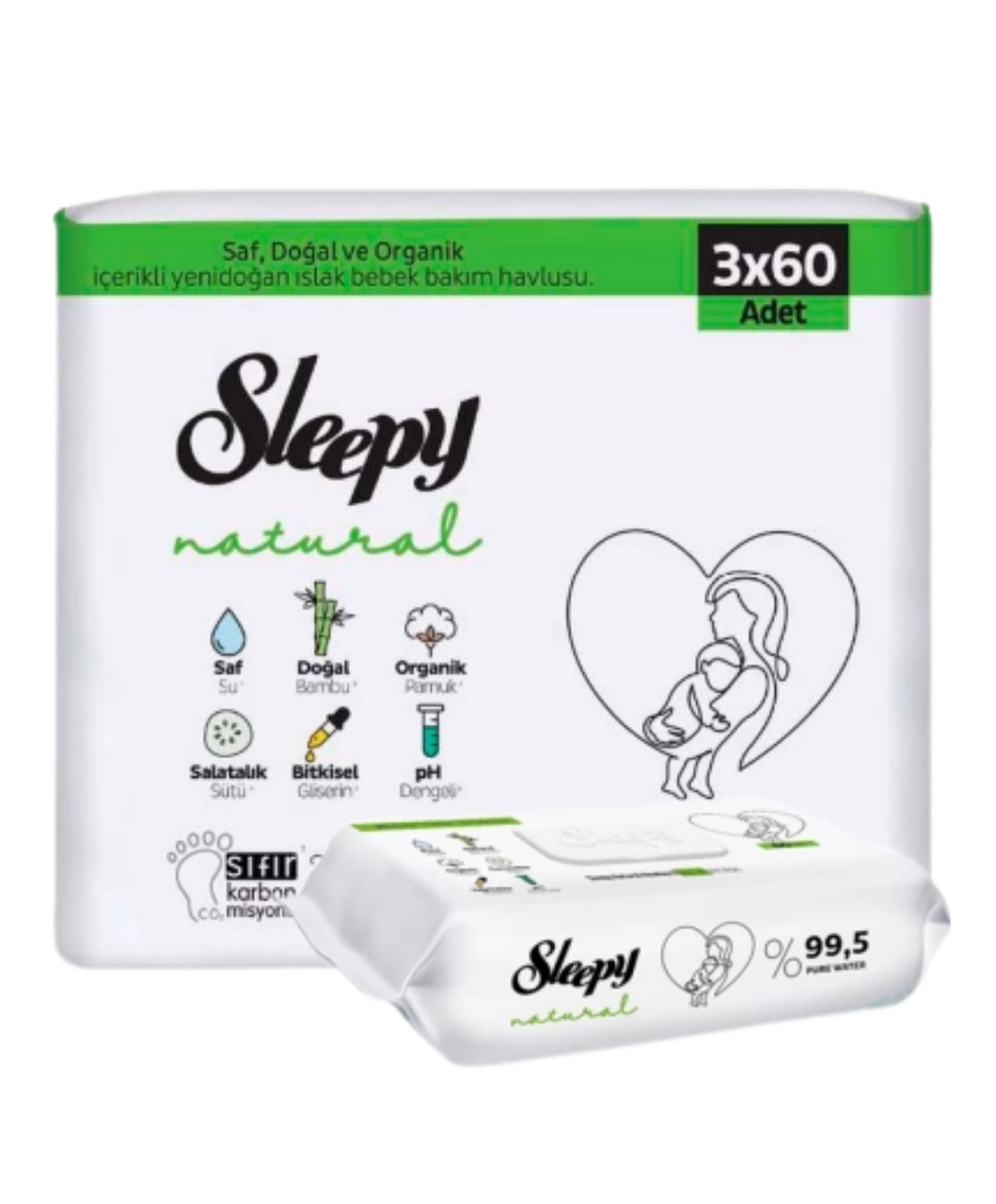 Вологі серветки SLEEPY Natural NewBorn з клапаном 3х60 шт