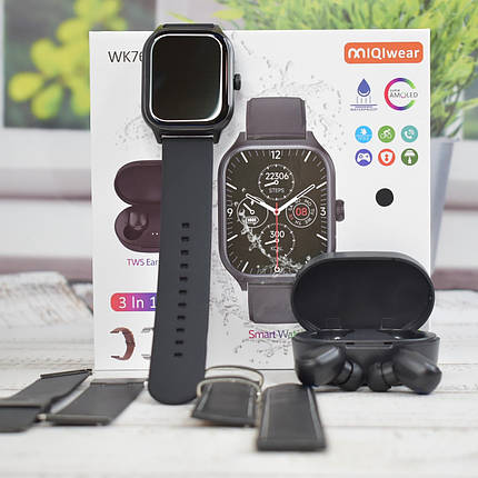 Розумний годинник WK76 + бездротові навушники Air Dots Smart Watch Bluetooth TWS гарнітура Чорний, фото 1