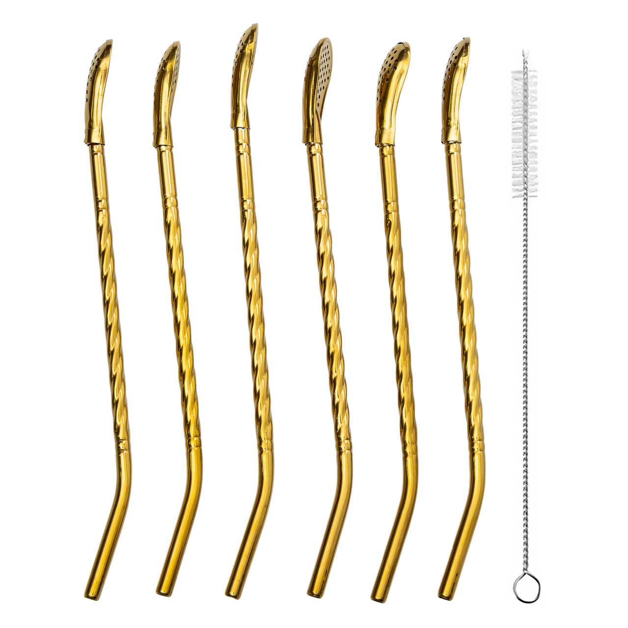 Набір багаторазових ложок-трубочок 6 шт для напоїв 19.5 см зі щіткою для миття з нержавіючої сталі Золотистий, фото 1
