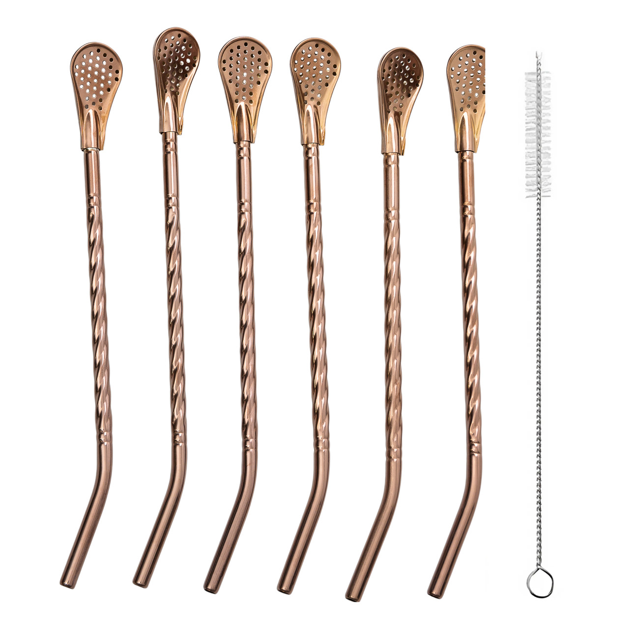Набір багаторазових ложок-трубочок 6 предметів для напоїв 19.5 см зі щіткою для миття Бронзовий Lugi, фото 1