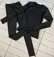 Детский/подростковый спортивный комплект одежды черного цвета: лосины и лонгслив, микродайвинг