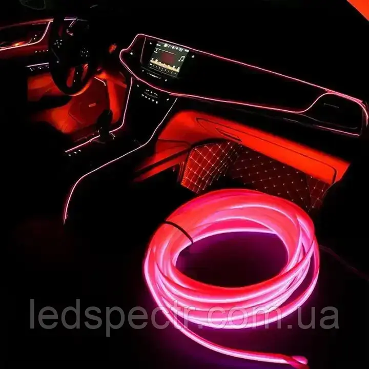 Автомобільний гнучкий холодний неон рожевого кольору 5 метрів USB - Неонове Підсвічування салону авто, дверей