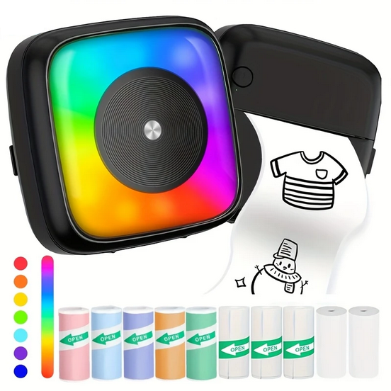 Портативний термопринтер для друку зі смартфона без чорнила з RGB підсвічуванням C31-B чорний