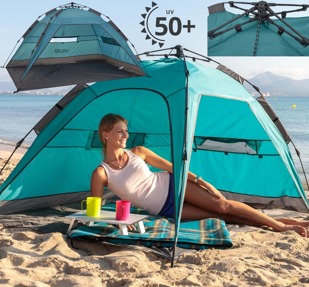 Намет Uquip Buzzy UV 50+ | Швидкозбірна пляжна палатка з УФ захистом, компактний захисний тент для сімейного відпочинку