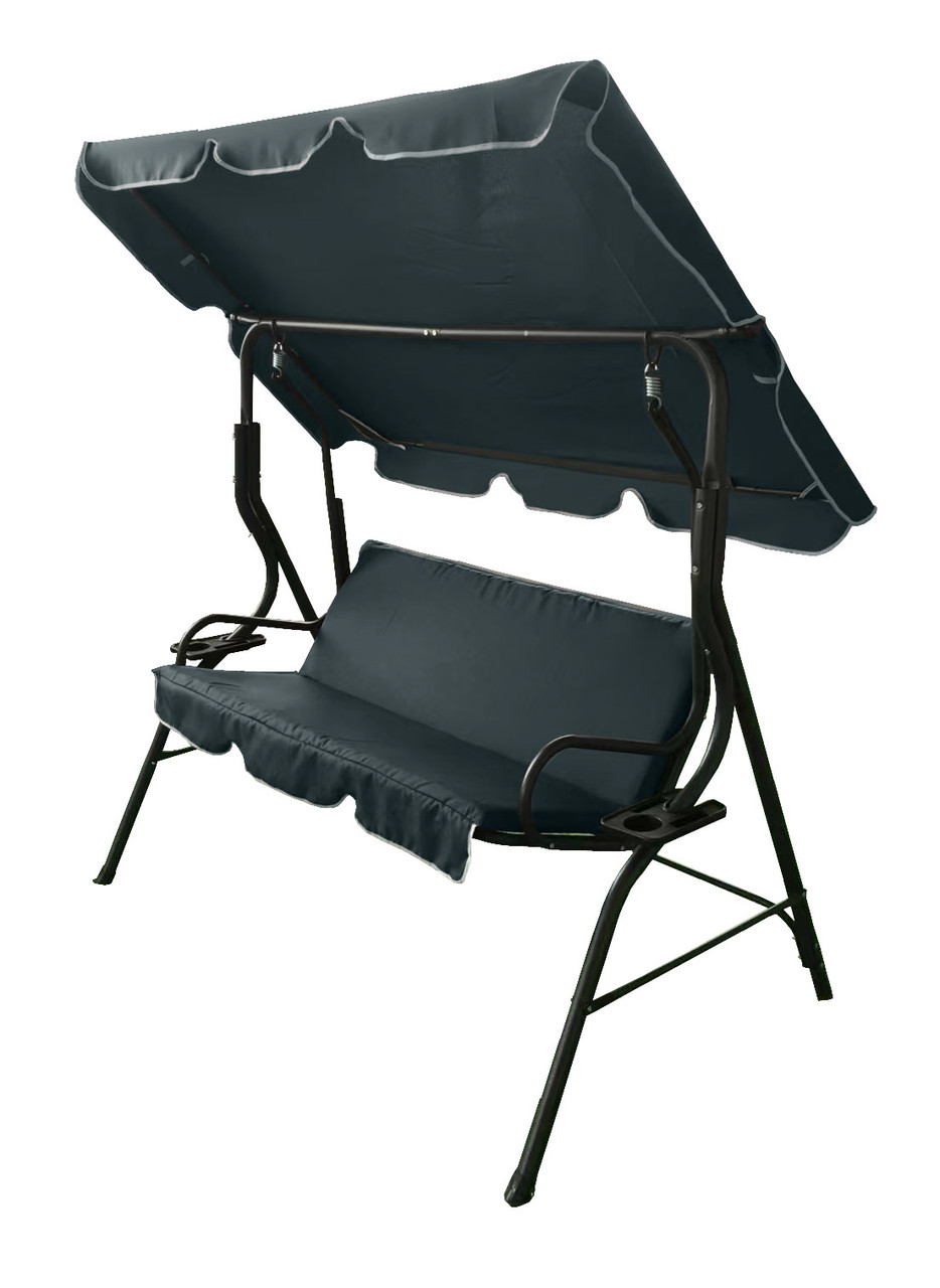 Гойдалка садова тримісна з підстаканниками VOLSO VS 3088 антрацит 170x110x153 см із навісом для літнього відпочинку.