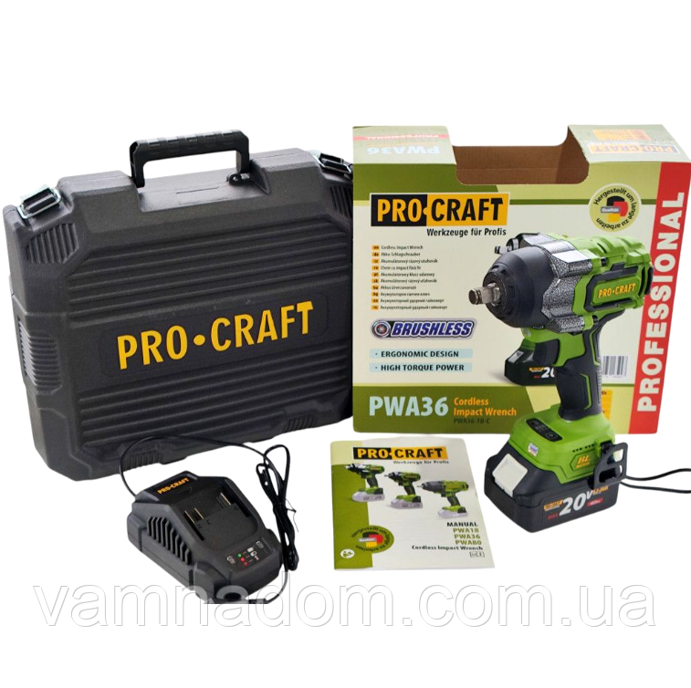Акумуляторний гайковерт Procraft PWA36 у кейсі (Ударний, Безщітковий, 1 Акумулятор 20 В, 4 А/год і Зарядне)