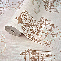 Шпалери вінілові 10.05 × 1.06 м 3712-02, бежеві з архітектурним візерунком для спальні, вітальні, прихожої, кухні