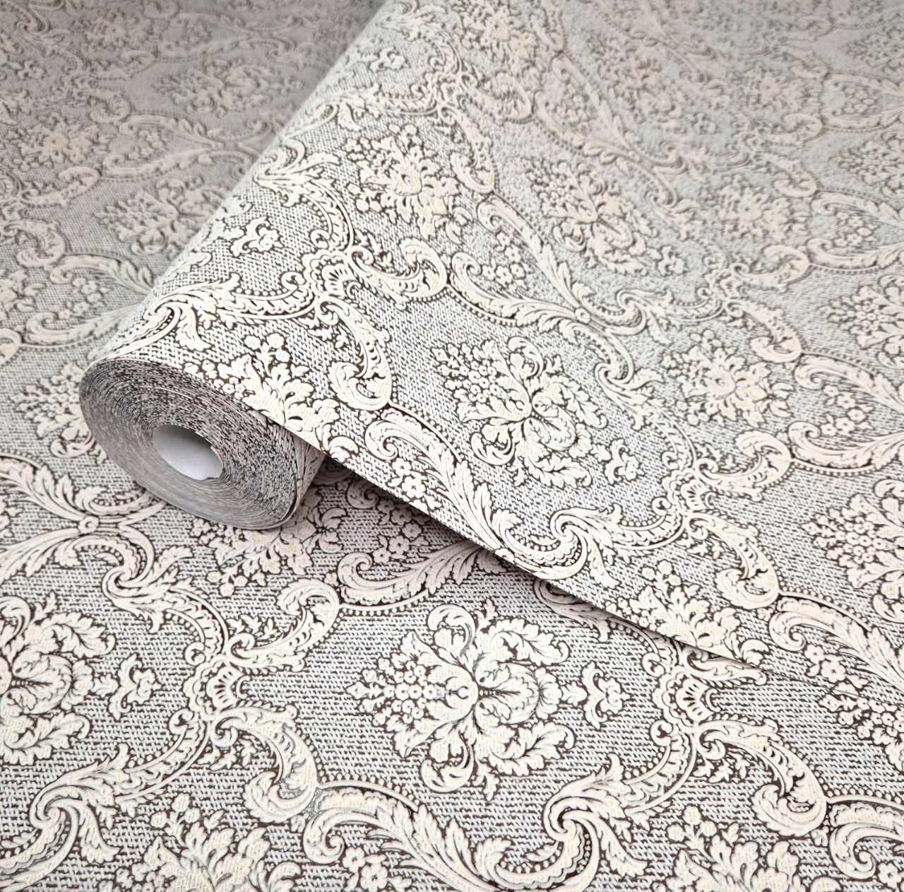 Шпалери вінілові 10.05 × 1.06 м 3620-12, сіро-бежеві з класичним орнаментом для вітальні, спальні, передпокою, фото 1