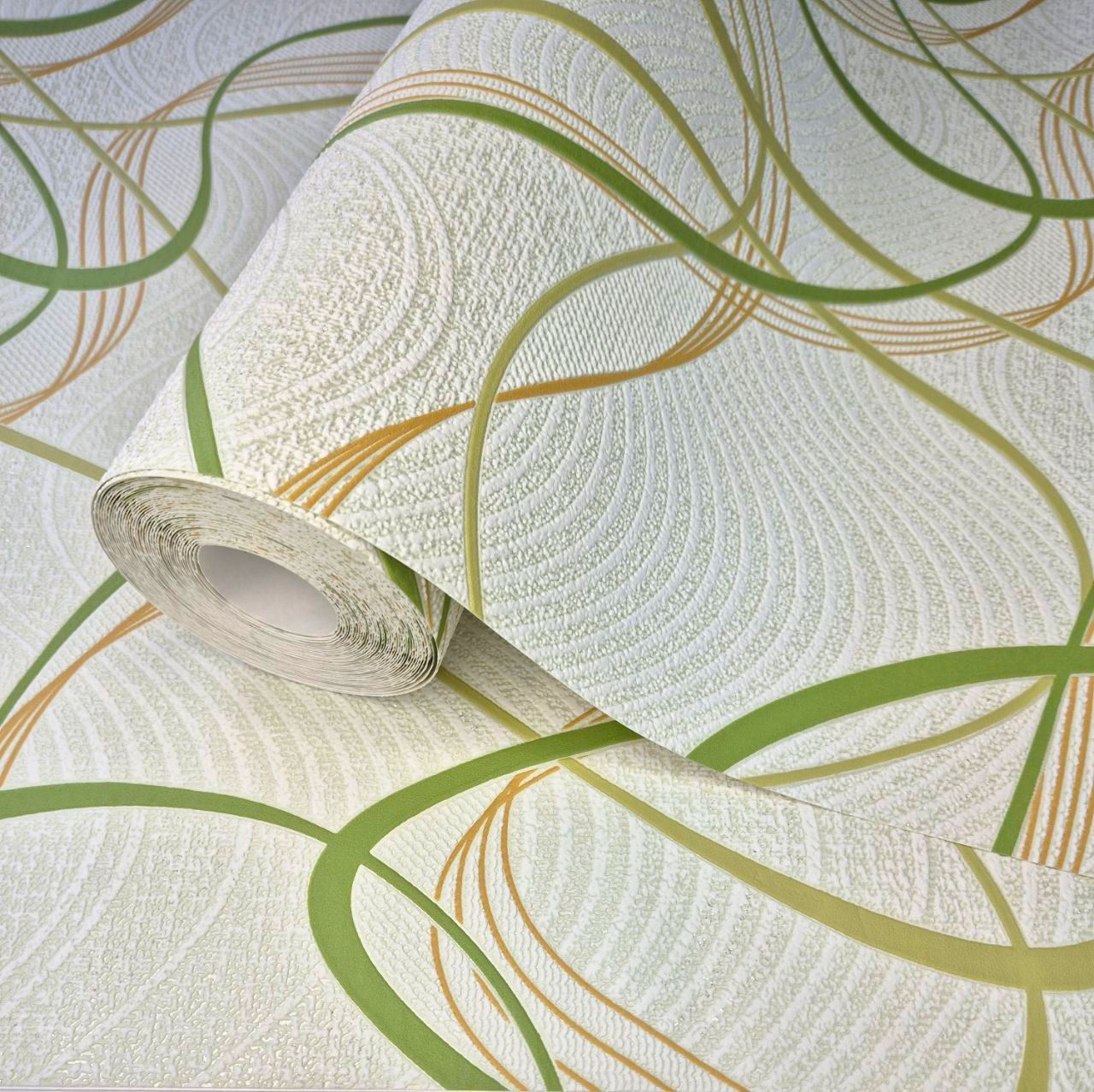 Шпалери вінілові 10.05 × 0.53 м 5767-04, бежеві з абстрактними зеленими лініями для кухні, коридору, вітальні, фото 1