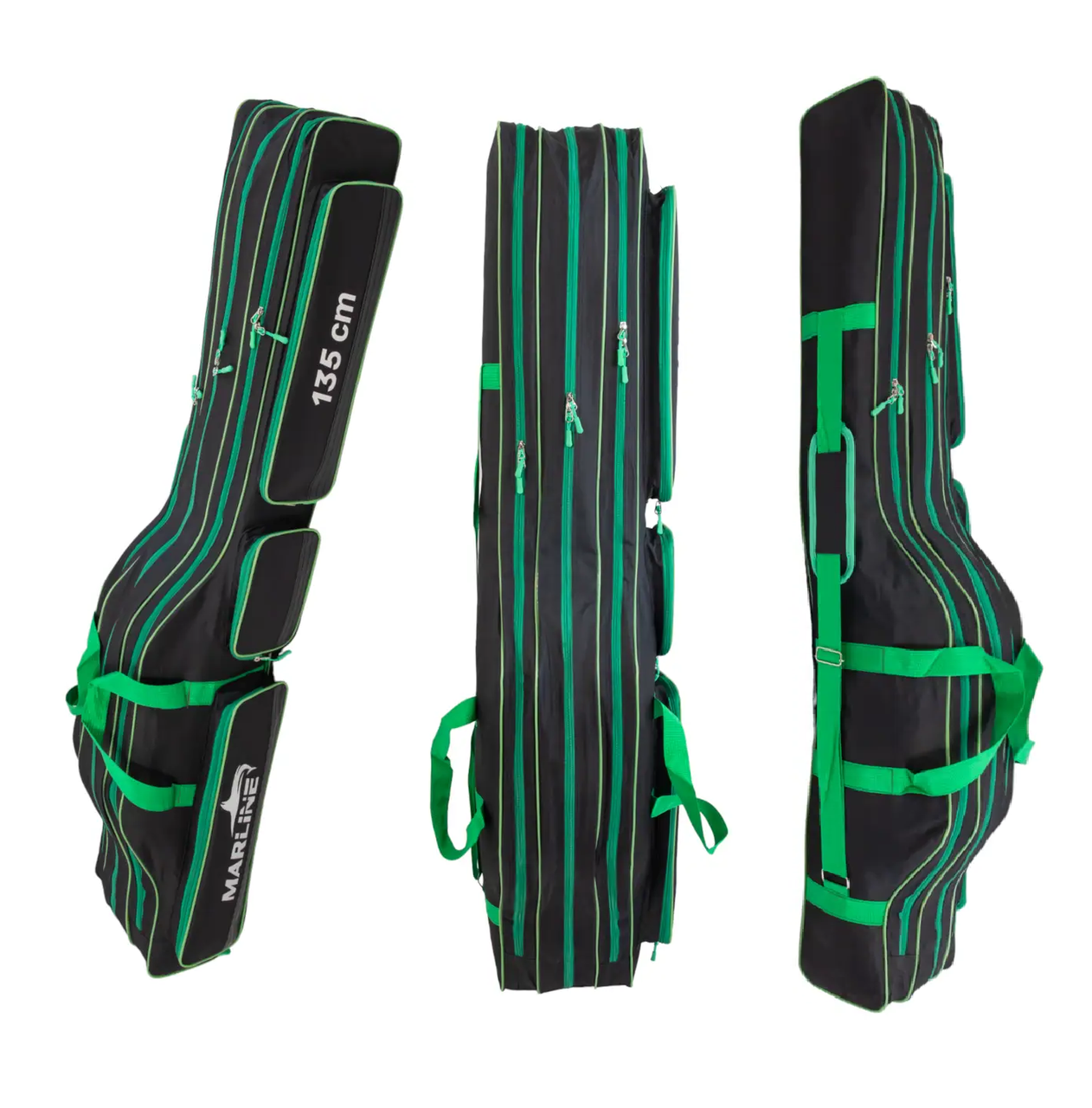 Чехол для вудилищ MARLINE 135см з 3 відділеннями та 3 кишенями напівжорсткий, чорний із зеленим, фото 1