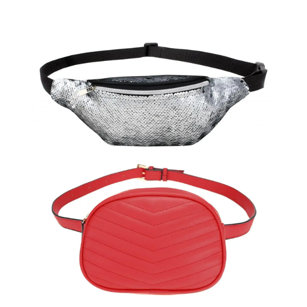 Шикарна жіноча сумка-бананка на пояс з паєтками, срібного кольору пр. Польща + подарунок поясна сумка червона, фото 1