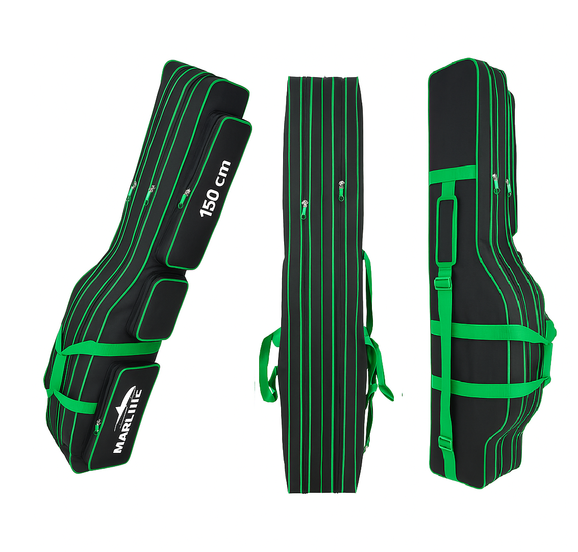 Чохол для вудилищ Marline 150 см, 3-секційний, з кишенями, Oxford D600, чорний із зеленим, фото 1