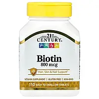 21st Century, Біотин, 800 мкг, 110 таблеток, які легко ковтати, оригінал