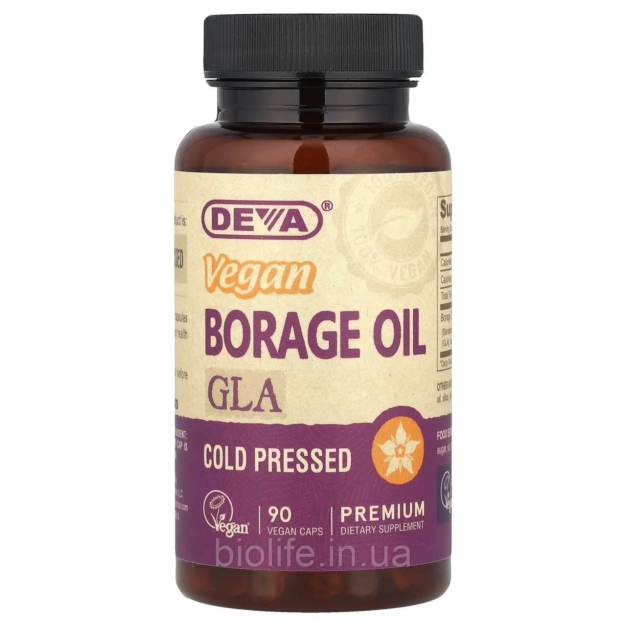 Deva, Веганська олія бурачника преміальної якості, GLA, 90 веганських капсул оригінал, фото 1