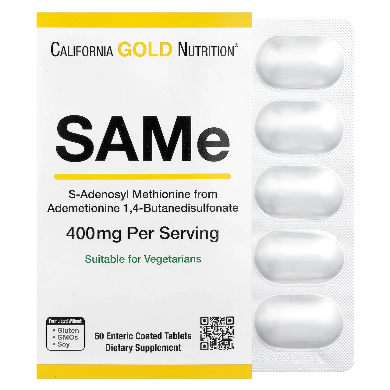 California Gold Nutriion, SAM-e, найкраща форма бутандисульфонату, 400 мг, 60 пігулки, покриті, Київ, фото 1