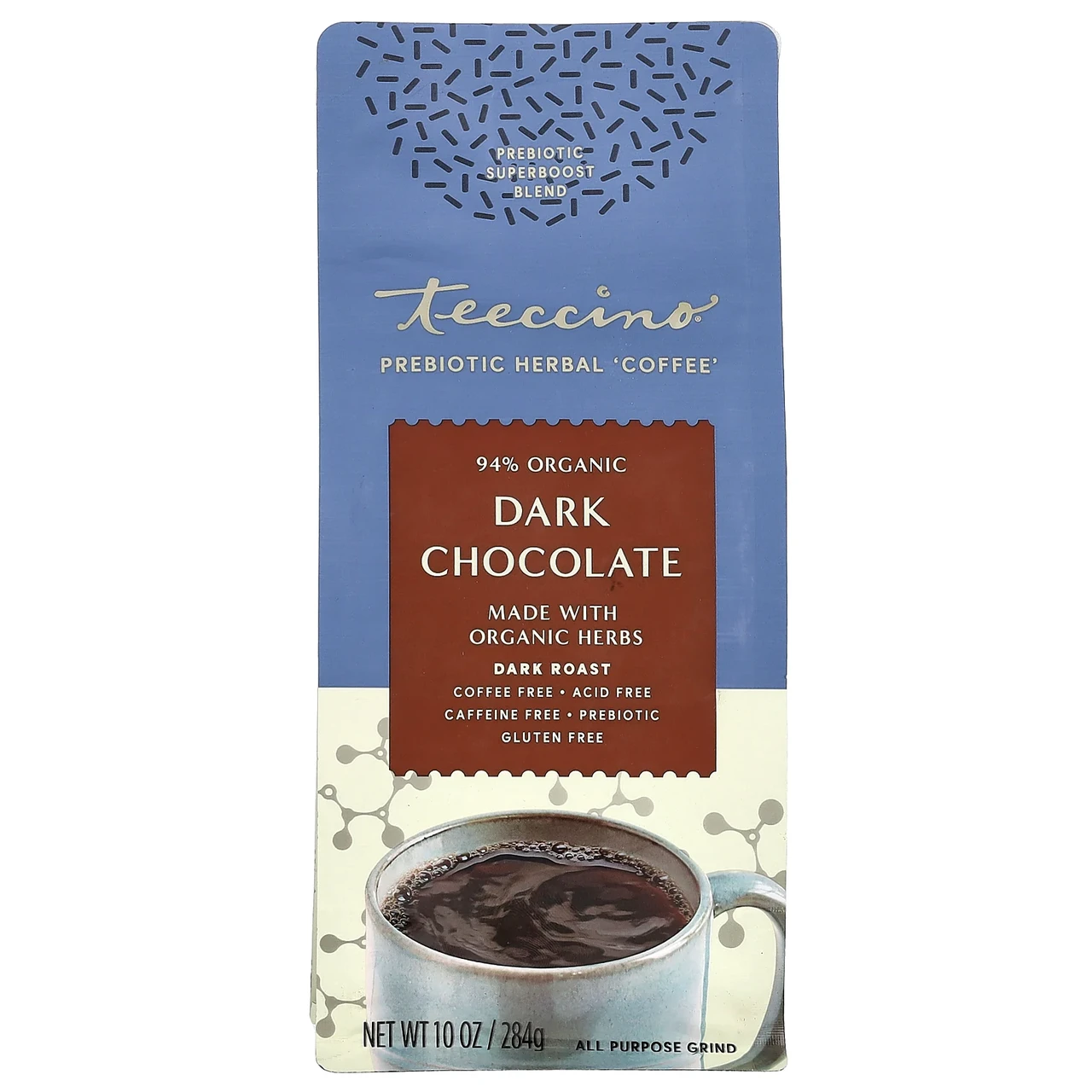 Teeccino, Prebiotic Herbal Coffee, Dark Roast, Caffeine Free, Dark Chocolate, 10 oz (284 g), Київ, фото 1
