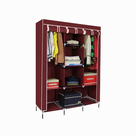 Складана тканинна шафа Storage Wardrobe бордова — 3 секції та 8 полиць, мобільний органайзер для одягу