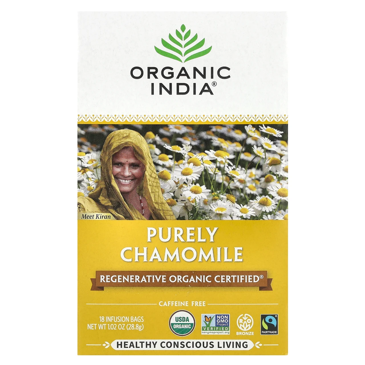 Organic India, Purely Chamomile, без кофеїну, 18 пакетиків для настою, 28,8 г (1,02 унції)