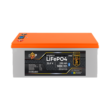 Акумулятор LP LiFePO4 25,6V - 230 Ah (5888Wh) (BMS 200A/100А) пластик LCD Smart BT, фото 1