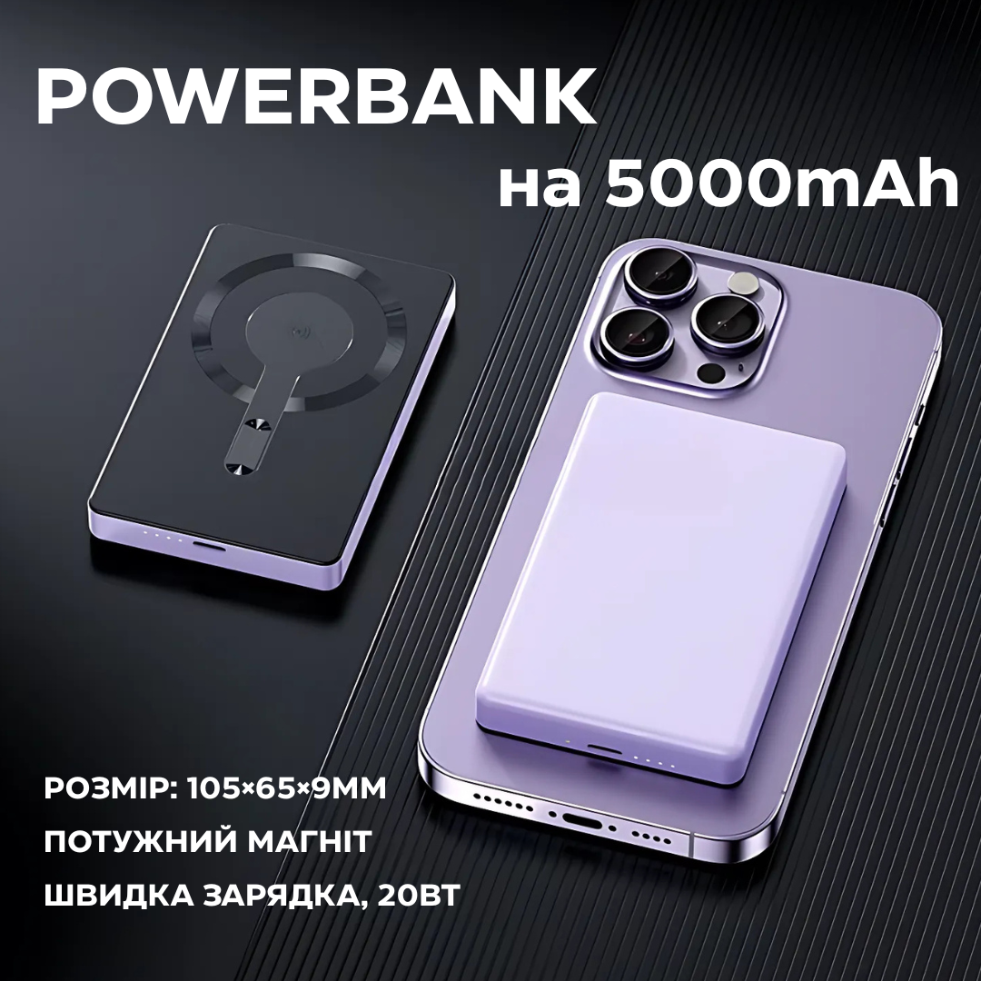 Павербанк бездротовий магнітний ультратонкий, Powerbank з бездротовою зарядкою, 5000мАг, 20Вт Type-C Purple, фото 1