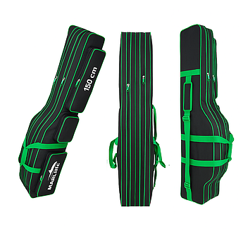 Чохол для вудилищ Marline 150 см, 3-секційний, з кишенями, Oxford D600, чорний із зеленим