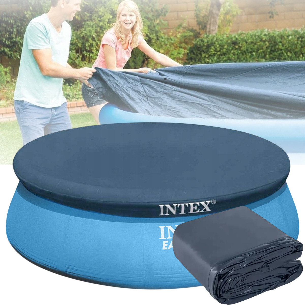 Захисний тент для круглого басейну з фіксуючим шнуром 244 см Intex 28020 Синій, фото 1