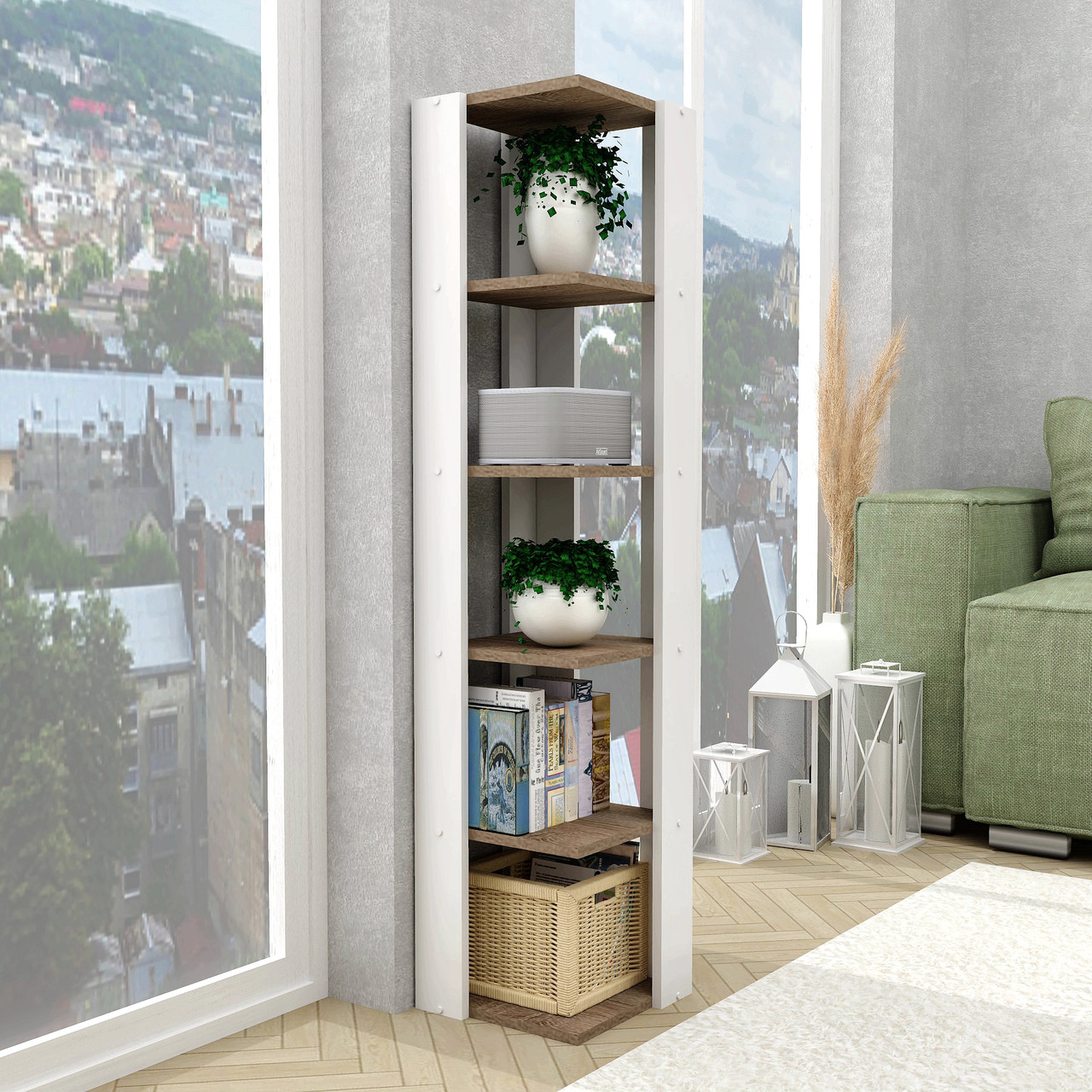 Сучасний відкритий кутовий вузький стелаж 30 см для книг підлоговий для дому в кімнату вітальню FLASHNIKA D3