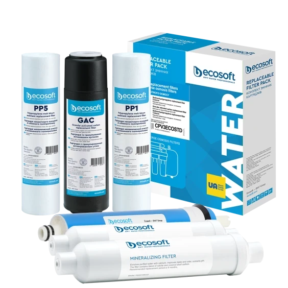 Комплект з 6 картриджів для фільтра зворотного осмосу Ecosoft Standard з мінералізатором CPV6POSTMIN50GPD, фото 1