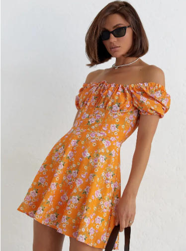 Літня жіноча сукня міні в квітковий принт помаранчева коротка сукня з рукавами ліхтариками турція розмір Л, фото 1