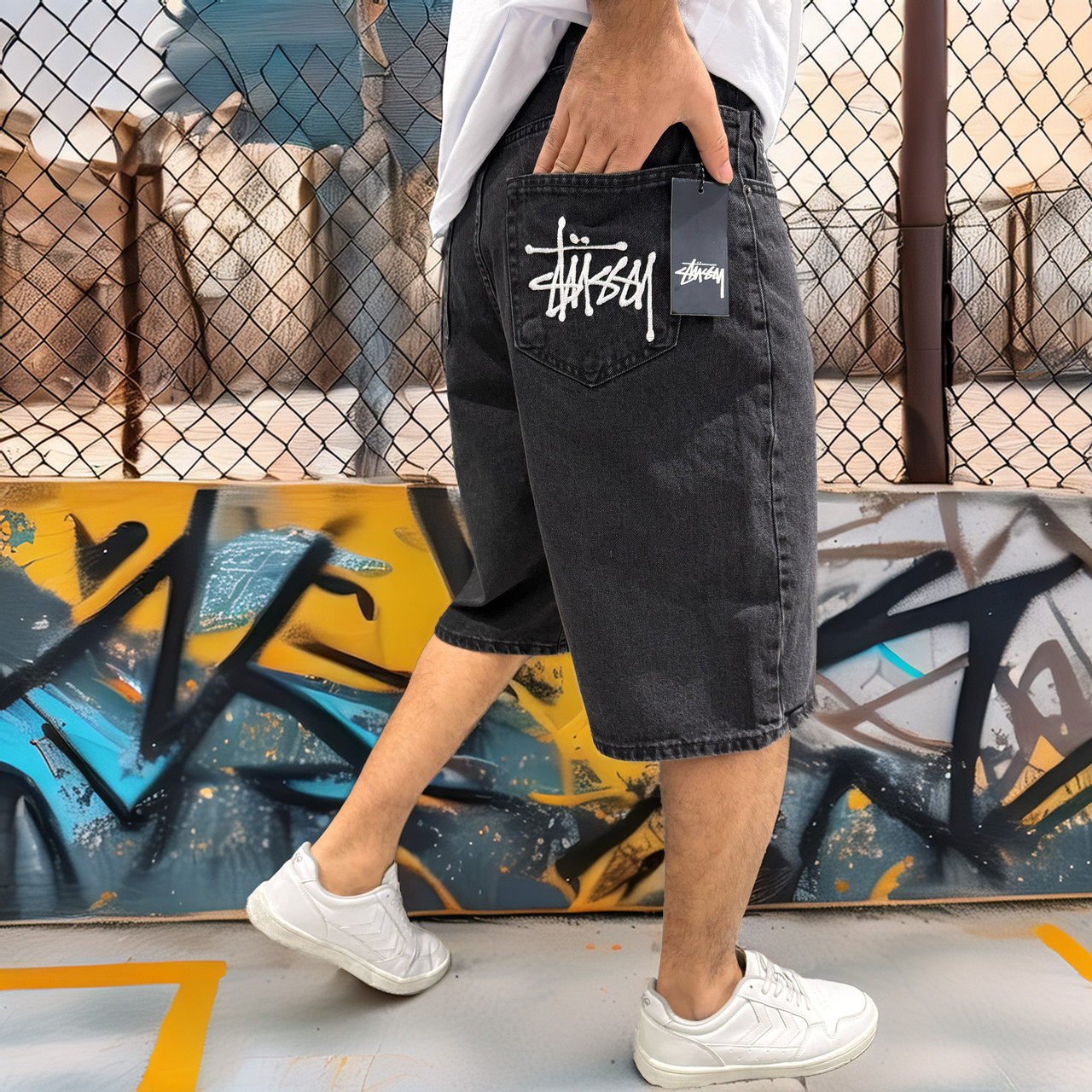 Чоловічі широкі шорти джинсові Stussy, антрацит, оверсайз, вуличний стиль, Y2K, фото 1
