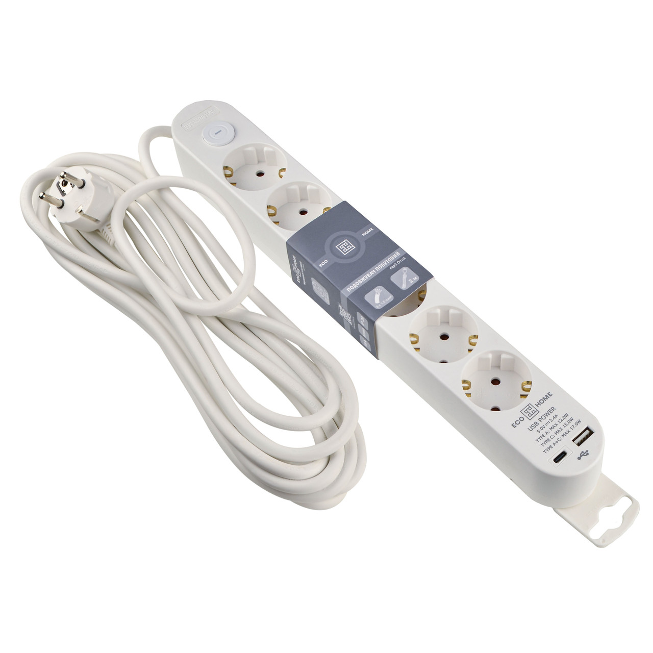 Подовжувач Ornat на 6 розеток з кабелем 5 метрів та USB + Type C білий (ECO019001012)