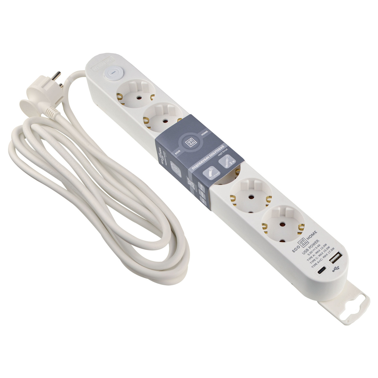 Подовжувач Ornat на 6 розеток з кабелем 3 метри та USB + Type C білий (ECO019001011)