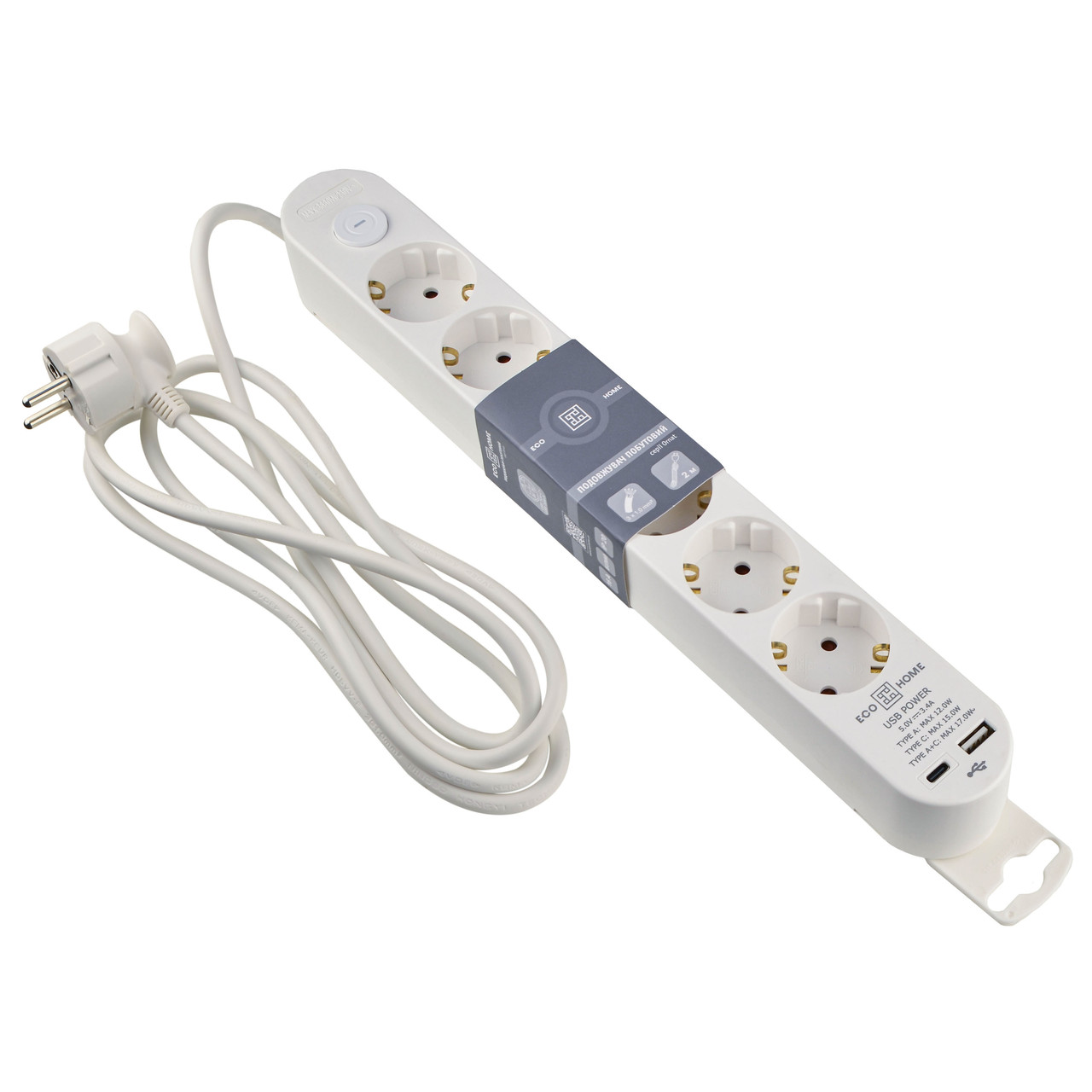 Подовжувач Ornat на 6 розеток з кабелем 2 метри та USB + Type C білий (ECO019001010)