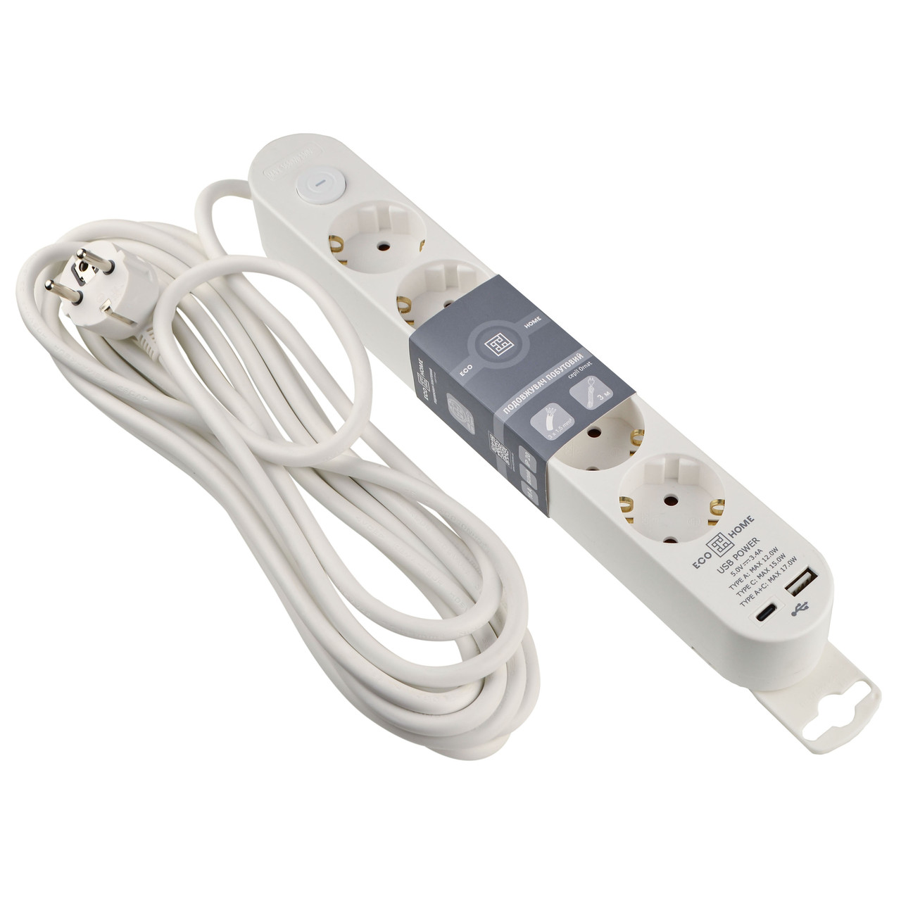 Подовжувач Ornat на 5 розеток з кабелем 5 метрів та USB + Type C білий (ECO019001009)