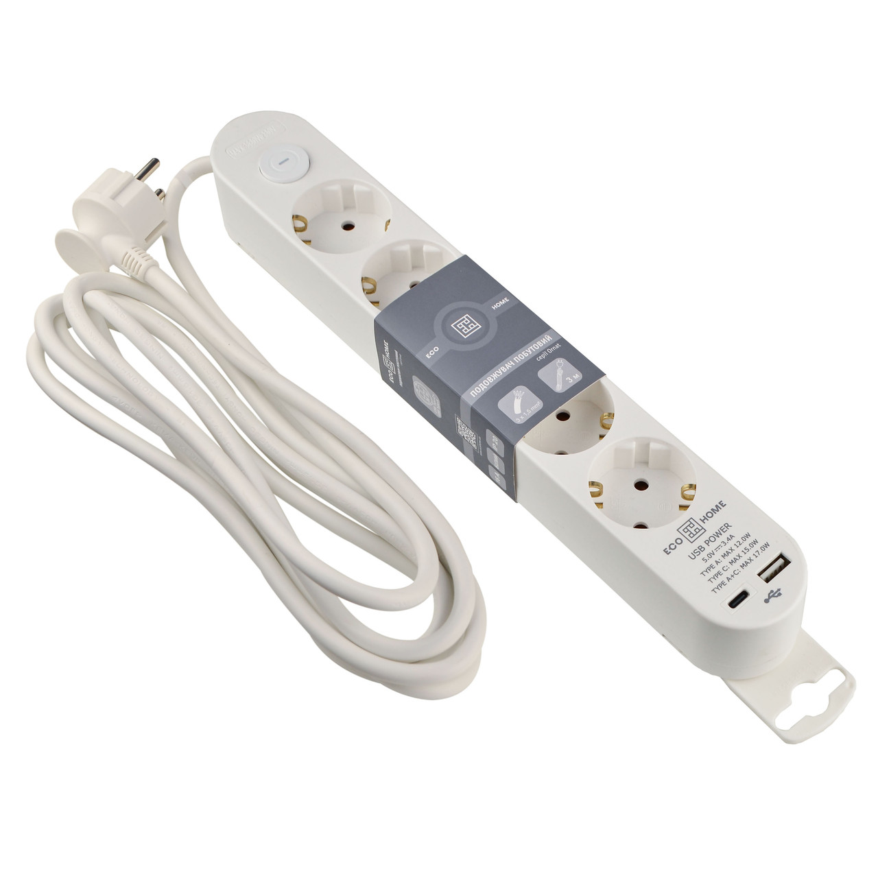 Подовжувач Ornat на 5 розеток з кабелем 3 метри та USB + Type C білий (ECO019001008)